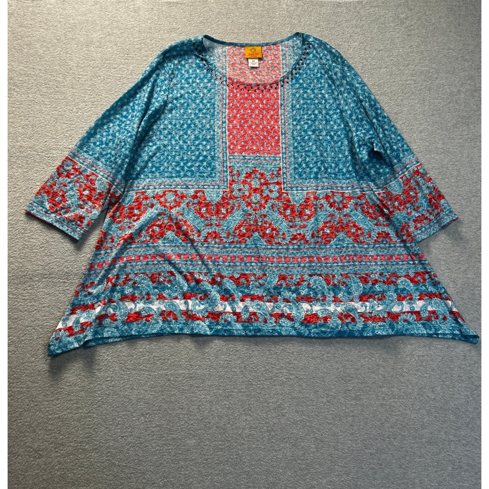 Boho Elephant Tunic Top Woman 2X Blue Coral 3/4 Long Sleeve Plus Size Ruby Rd